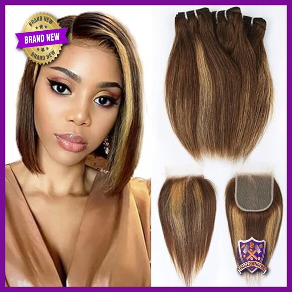 Brazilian Human Hair Extensions 3 Bundles with Lace Closure 10 Inches Straight
